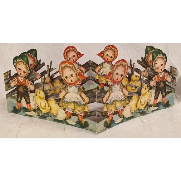 Norway Die Cut Fold Out Table Decor Kids Chicken Paper Dolls Baby Easter Elf Vtg - Picture 10 of 16